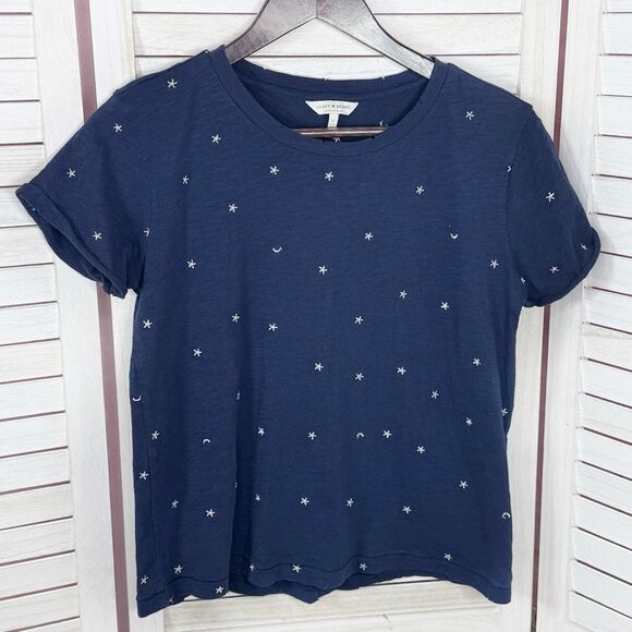 Lucky Brand Embroidered Stars & Moons Slub Tee Blue Silver Small - Picture 8 of 11